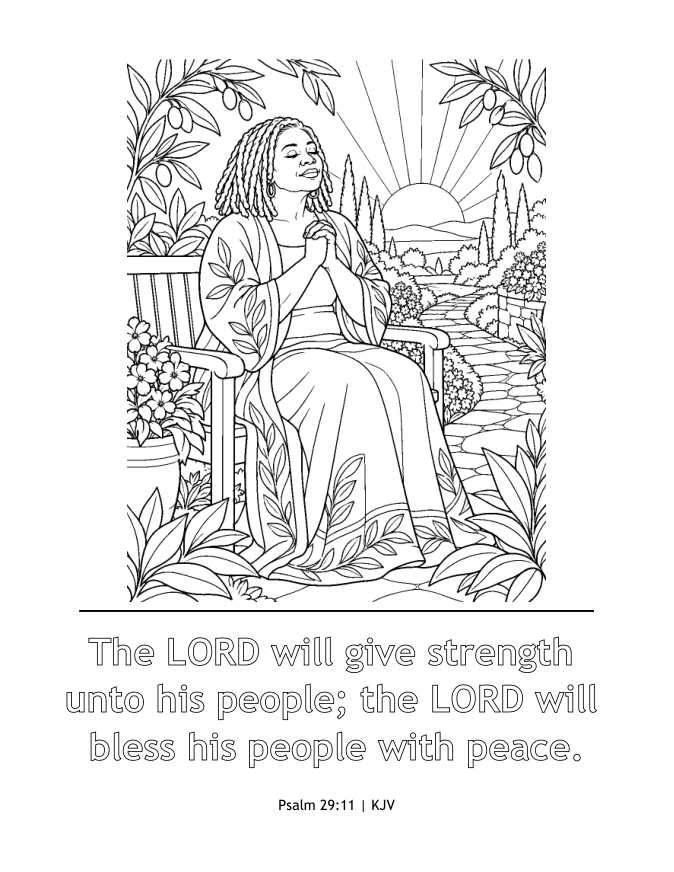 A sample coloring page showing a Black woman praying at sunrise, paired with Psalm 29:11